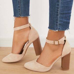 Tinstee beige ankle strap block heels